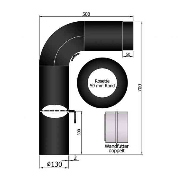 Rauchrohrset Fullform, 700 x 500 mm 130 mm, schwarz