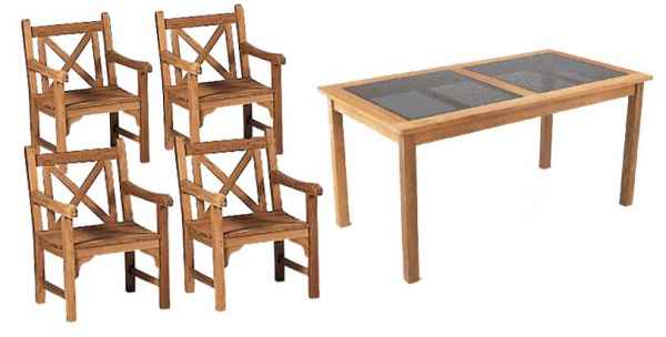 RAVENNA Tisch 150 x 80 mit Glasplatte und vier Abano Sesseln